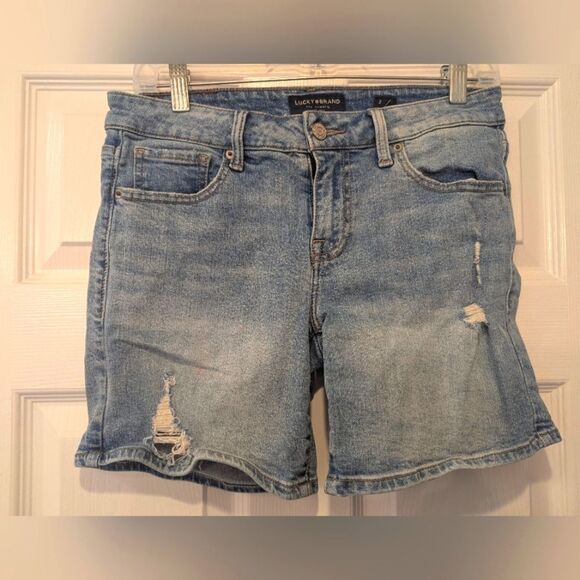 Lucky Brand Distressed Denim Shorts Sz 2 Light Wash Cutoff Festival The Roll up - Picture 2 of 10